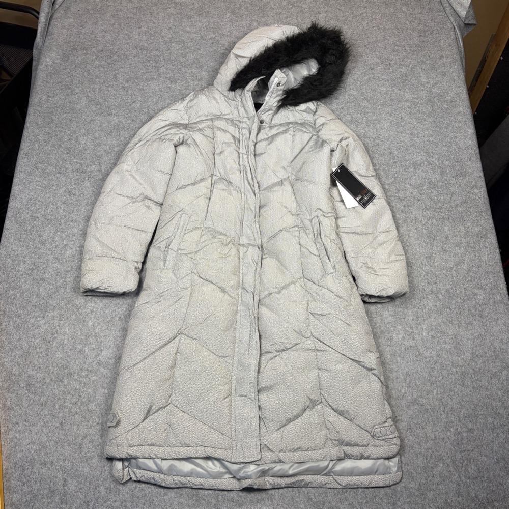 Big Chill Womens Grey Herringbone Puffer Coat Faux Fur Hood Long Parka Small NWT